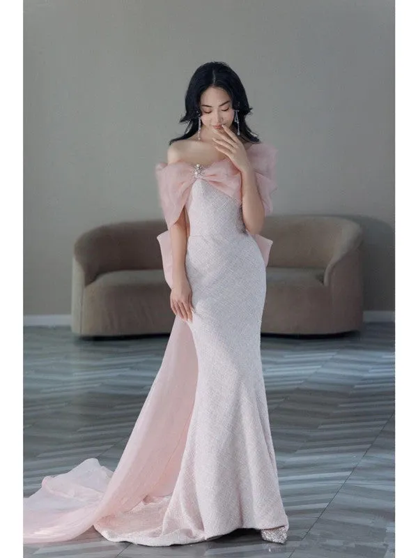 JazzHer Pretty Mermaid Strapless Pink Sequin Long Evening Dress Prom Dresses With Bow (PRE-ORDER)