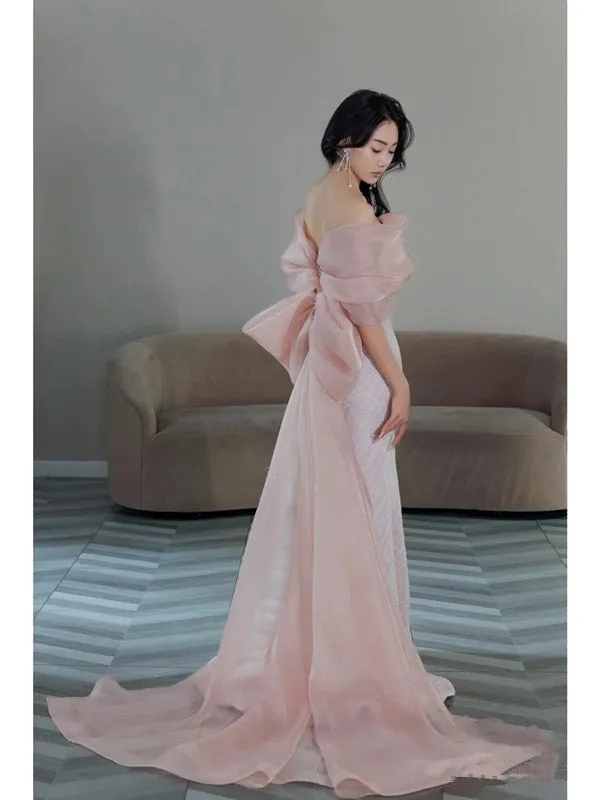 JazzHer Pretty Mermaid Strapless Pink Sequin Long Evening Dress Prom Dresses With Bow (PRE-ORDER)