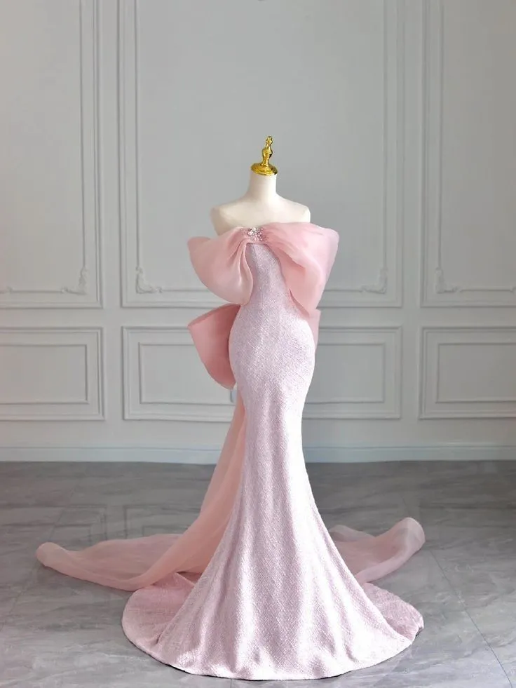 JazzHer Pretty Mermaid Strapless Pink Sequin Long Evening Dress Prom Dresses With Bow (PRE-ORDER)