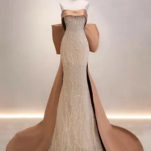 JazzHer Pretty Mermaid Strapless Satin Long Evening Dress Sequin Prom Dresses With Bow (PRE-ORDER)
