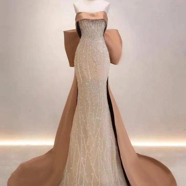 JazzHer Pretty Mermaid Strapless Satin Long Evening Dress Sequin Prom Dresses With Bow (PRE-ORDER)