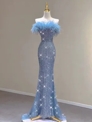 JazzHer Pretty Mermaid Strapless Sequin Long Evening Dress Prom Dresses With Feather (PRE-ORDER)