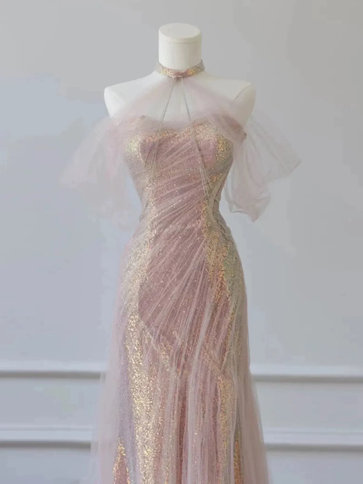 JazzHer Pretty Mermaid Sweetheart Pink Sequin Prom Dresses With Ruffle Long Evening Dress (PRE-ORDER)