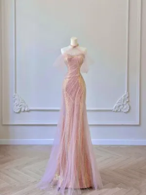 JazzHer Pretty Mermaid Sweetheart Pink Sequin Prom Dresses With Ruffle Long Evening Dress (PRE-ORDER)