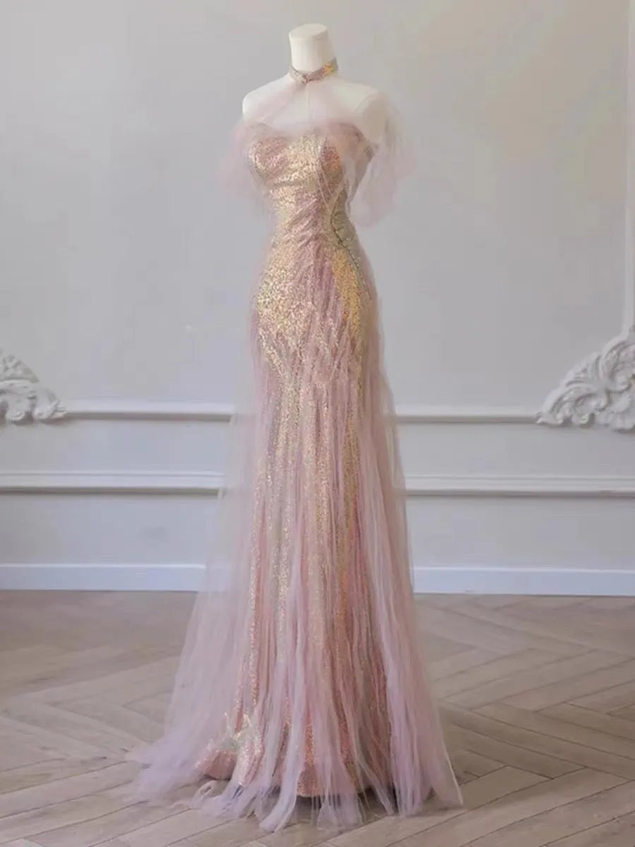 JazzHer Pretty Mermaid Sweetheart Pink Sequin Prom Dresses With Ruffle Long Evening Dress (PRE-ORDER)