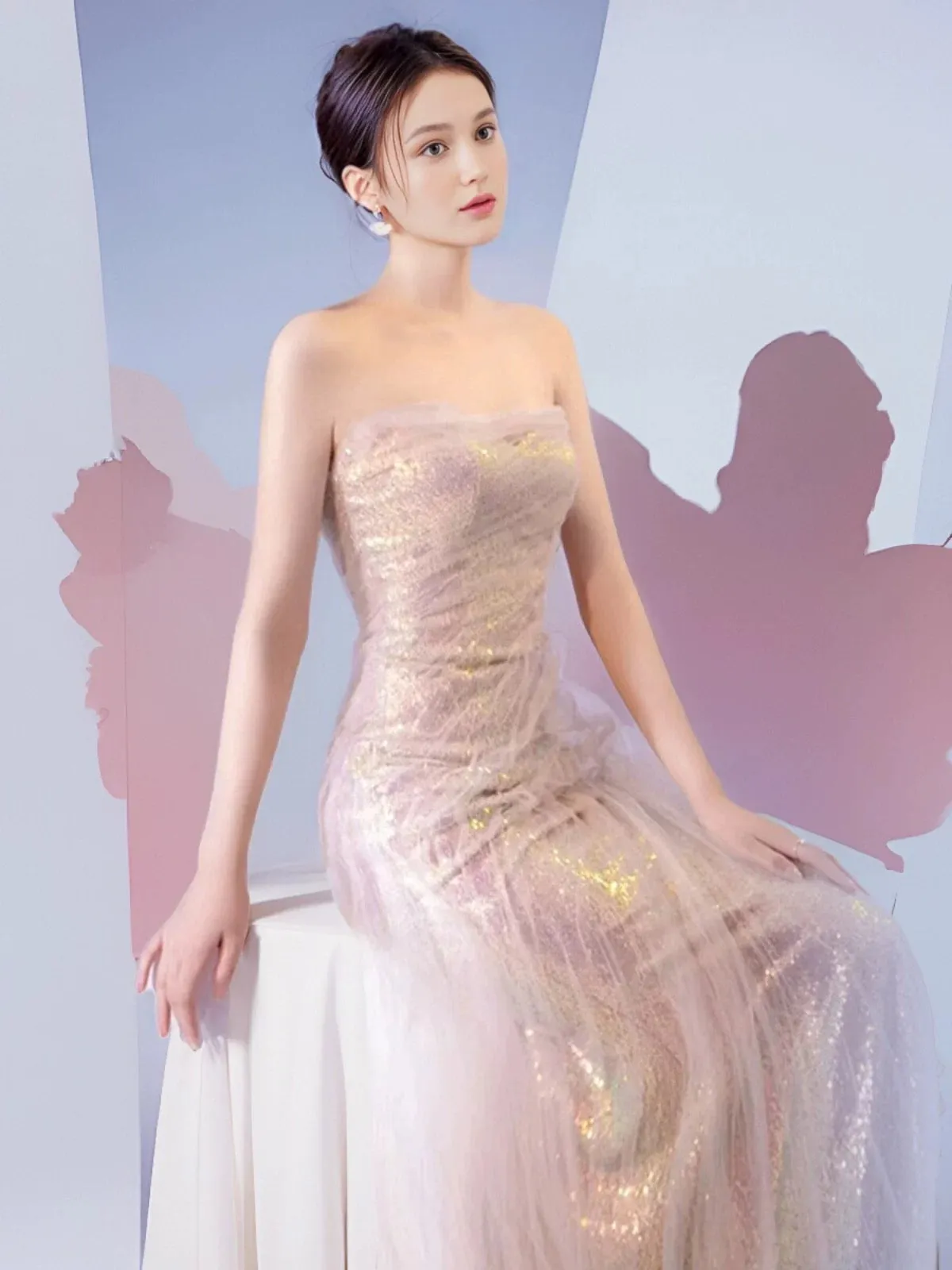 JazzHer Pretty Mermaid Sweetheart Pink Sequin Prom Dresses With Ruffle Long Evening Dress (PRE-ORDER)