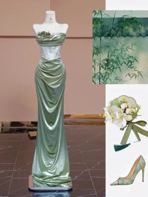 JazzHer Pretty Mermaid Sweetheart Satin Green Long Evening Dress Prom Dresses (PRE-ORDER)