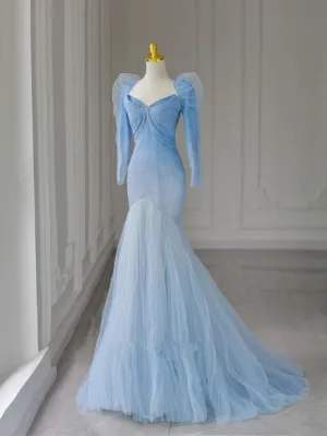 JazzHer Pretty Mermaid Sweetheart Tulle Blue Long Sleeves Evening Dress Prom Dresses With Ruffles (PRE-ORDER)