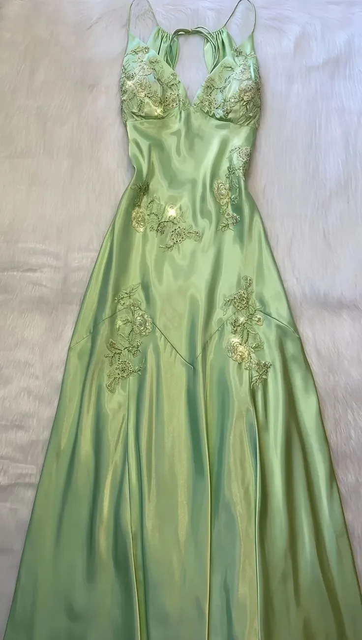 JazzHer Pretty Mermaid V Neckline Green Satin Backless Evening Dress Prom Dresses With Beads (PRE-ORDER)