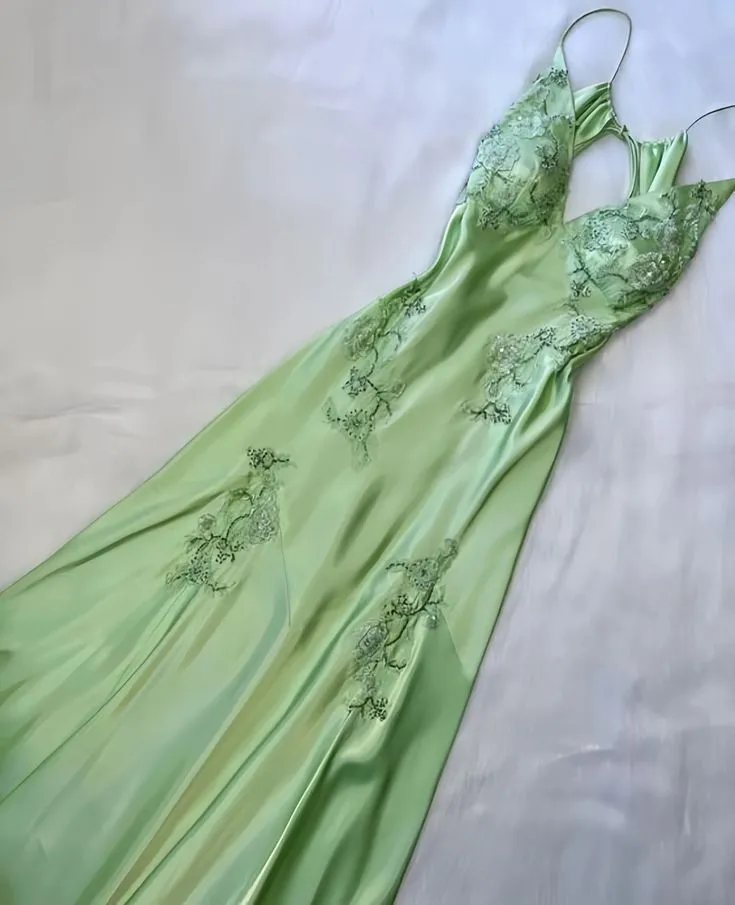 JazzHer Pretty Mermaid V Neckline Green Satin Backless Evening Dress Prom Dresses With Beads (PRE-ORDER)