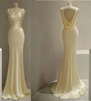 JazzHer Pretty Mermaid V Neckline Yellow Satin Prom Dresses With Ruffle Long Evening Dress (PRE-ORDER)