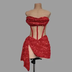 JazzHer Red Sequin Sheer Cocktail Dress