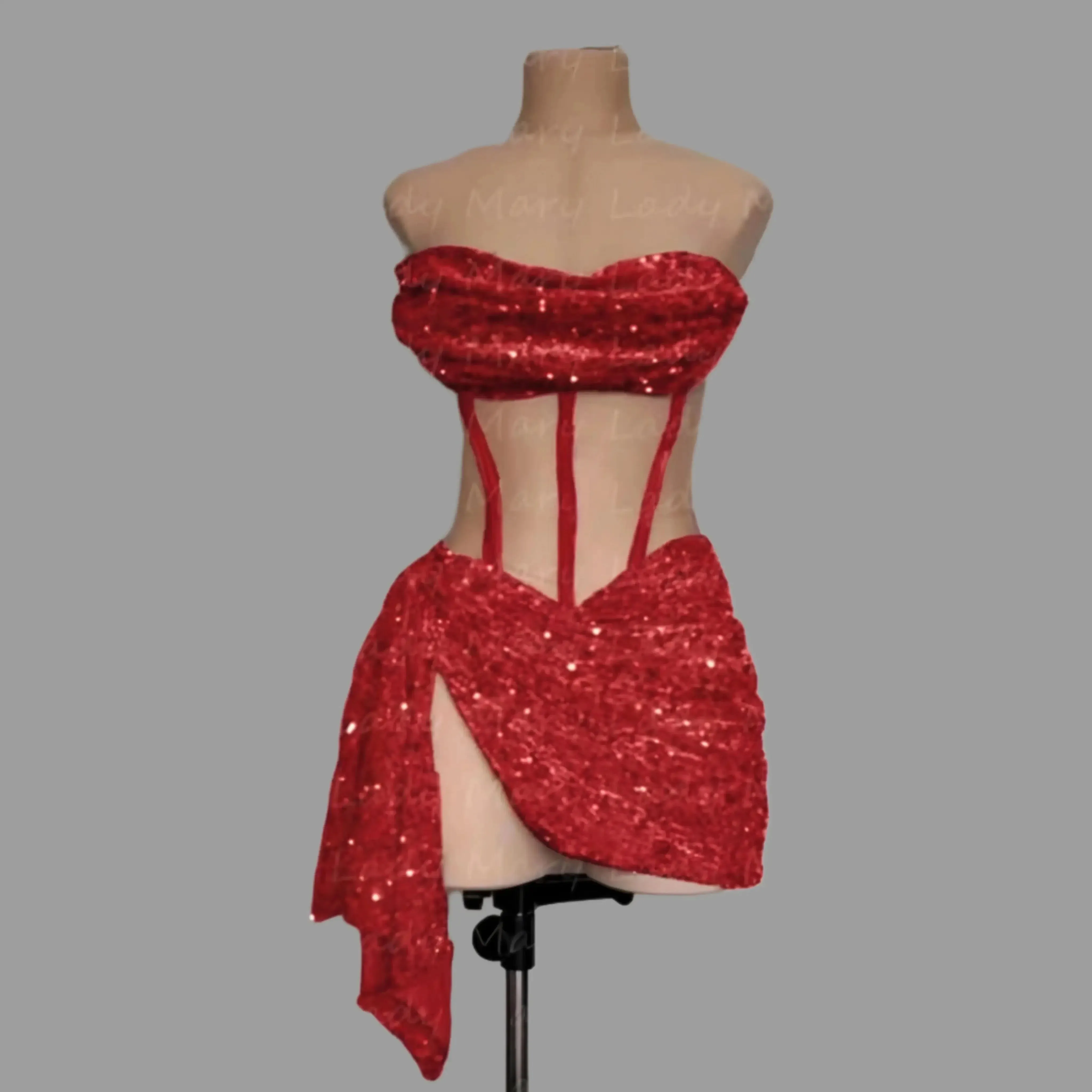 JazzHer Red Sequin Sheer Cocktail Dress