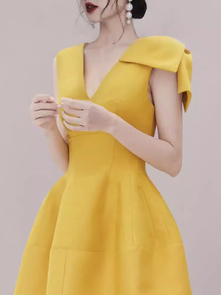 JazzHer Sexy A line V Neckline Yellow Satin Birthday Outfit Homecoming Dresses (PRE-ORDER)