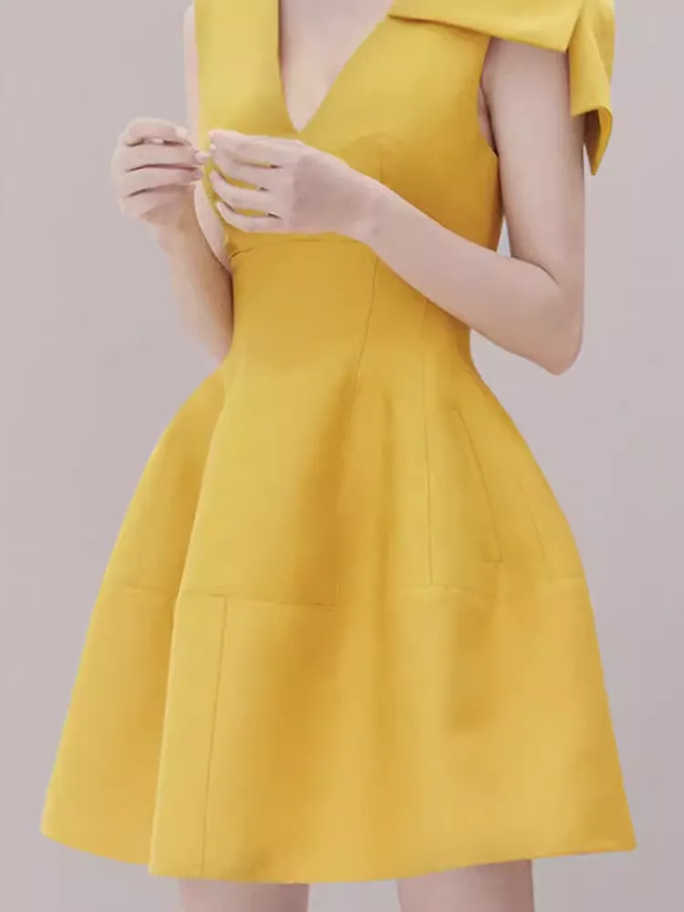 JazzHer Sexy A line V Neckline Yellow Satin Birthday Outfit Homecoming Dresses (PRE-ORDER)