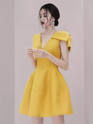 JazzHer Sexy A line V Neckline Yellow Satin Birthday Outfit Homecoming Dresses (PRE-ORDER)