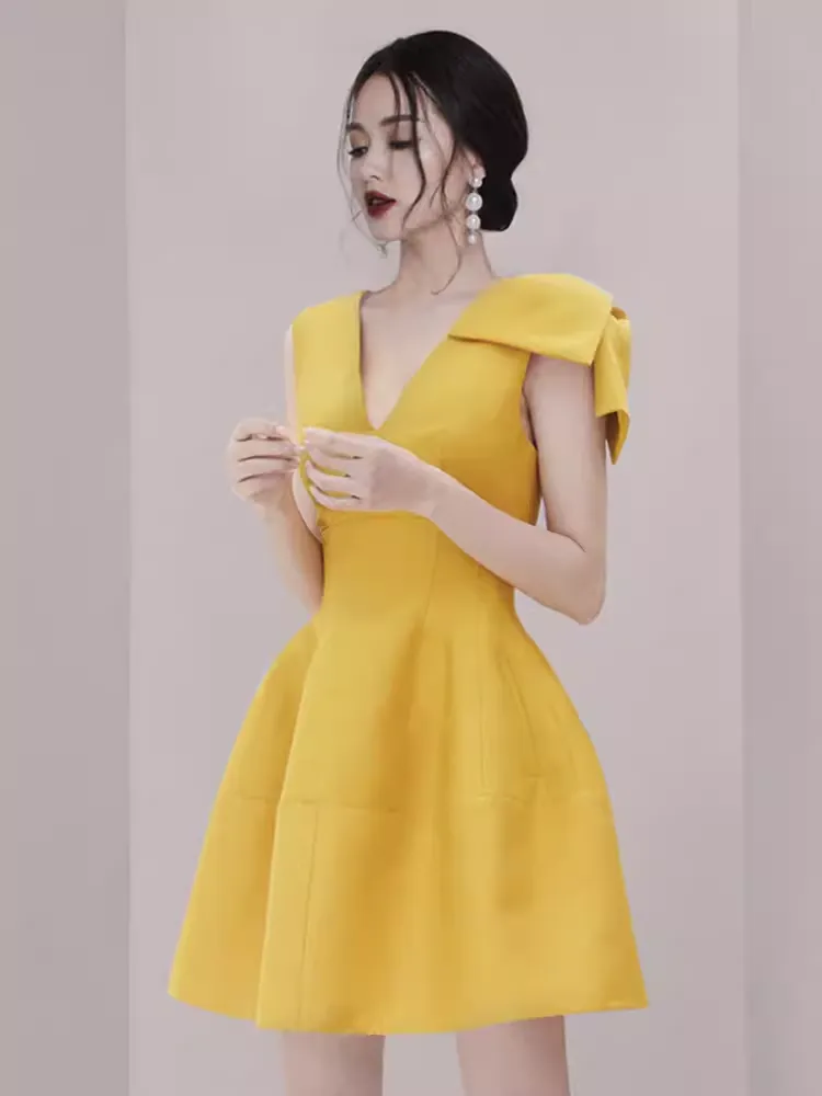 JazzHer Sexy A line V Neckline Yellow Satin Birthday Outfit Homecoming Dresses (PRE-ORDER)