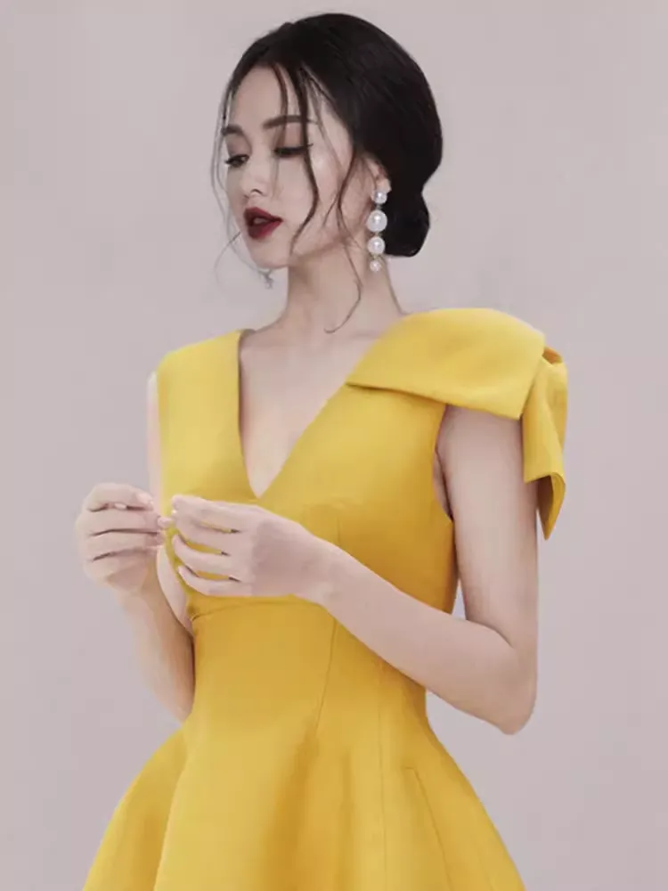 JazzHer Sexy A line V Neckline Yellow Satin Birthday Outfit Homecoming Dresses (PRE-ORDER)