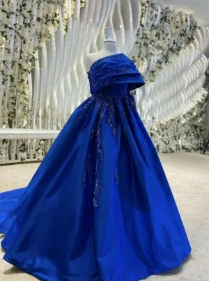 JazzHer Sexy Ball Gown Strapless Royal Blue Prom Dress With Pleated Long Satin Prom Dresses Party Dress (PRE-ORDER)