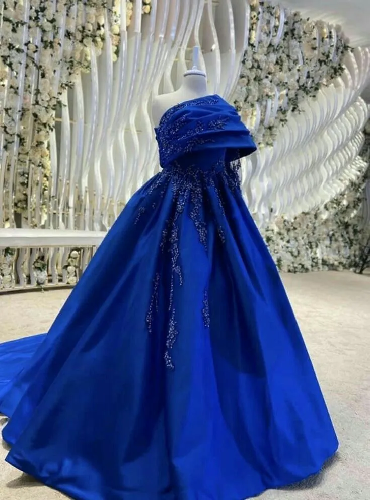 JazzHer Sexy Ball Gown Strapless Royal Blue Prom Dress With Pleated Long Satin Prom Dresses Party Dress (PRE-ORDER)