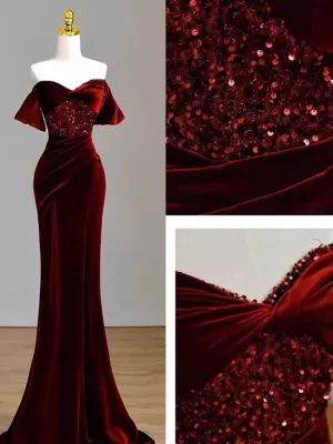 JazzHer Sexy Mermaid Burgundy Off The Shoulder Long Prom Dresses Satin Birthday Outfits (PRE-ORDER)