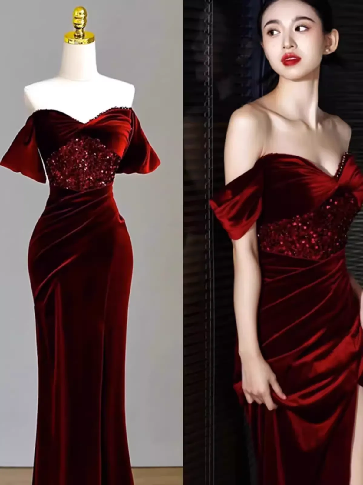 JazzHer Sexy Mermaid Burgundy Off The Shoulder Long Prom Dresses Satin Birthday Outfits (PRE-ORDER)