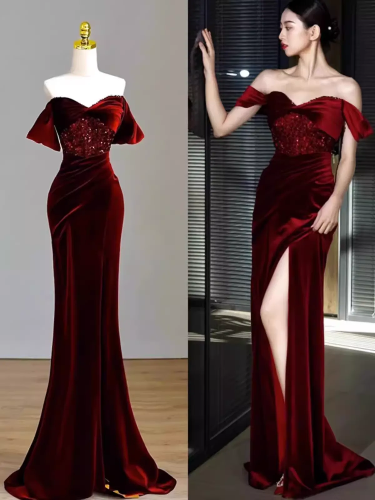JazzHer Sexy Mermaid Burgundy Off The Shoulder Long Prom Dresses Satin Birthday Outfits (PRE-ORDER)