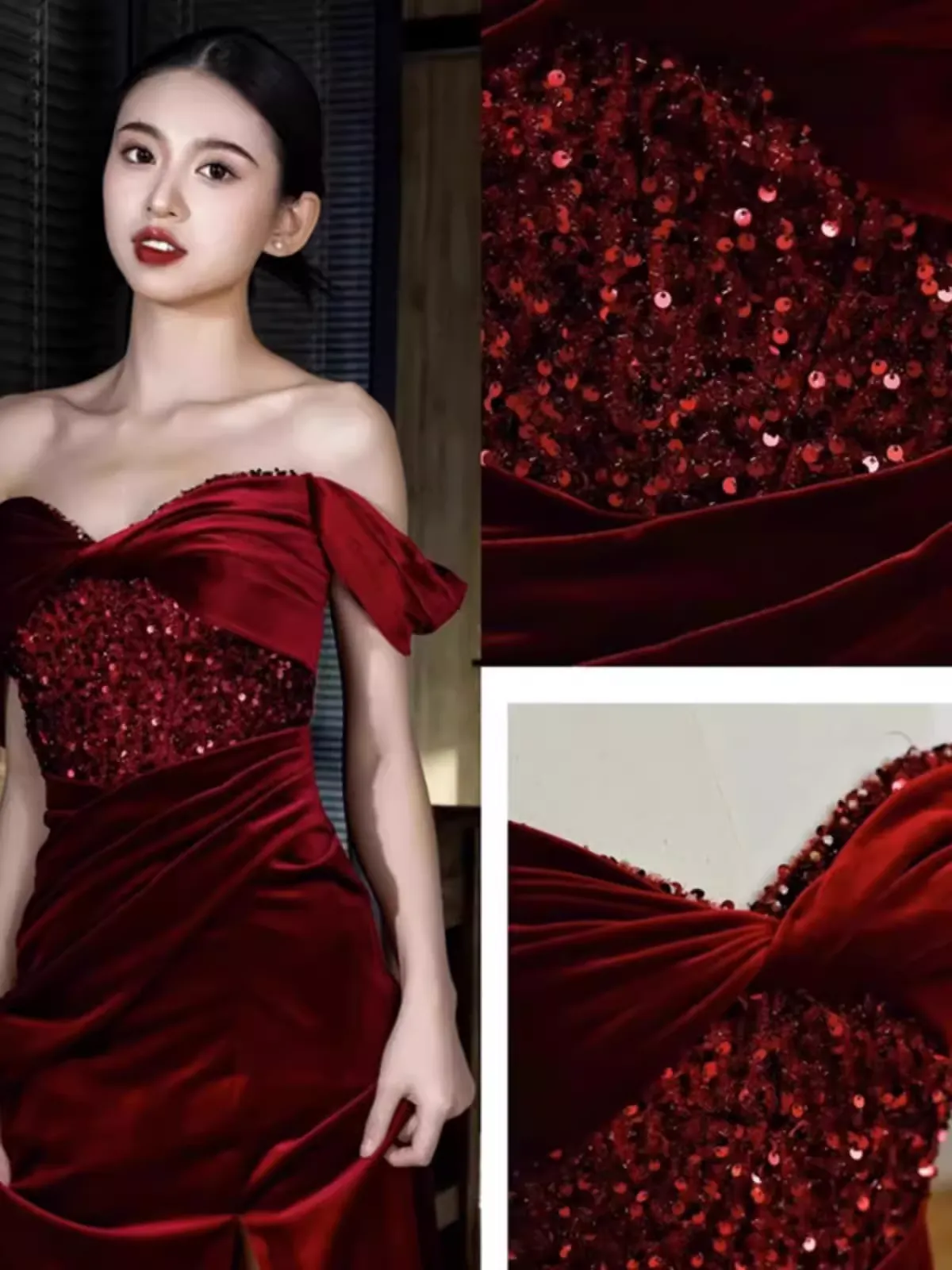 JazzHer Sexy Mermaid Burgundy Off The Shoulder Long Prom Dresses Satin Birthday Outfits (PRE-ORDER)
