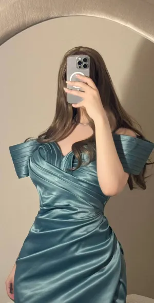 JazzHer Sexy Mermaid Off The Shoulder Blue Prom Dress With Pleated Long Satin Prom Dresses Party Dress (PRE-ORDER)