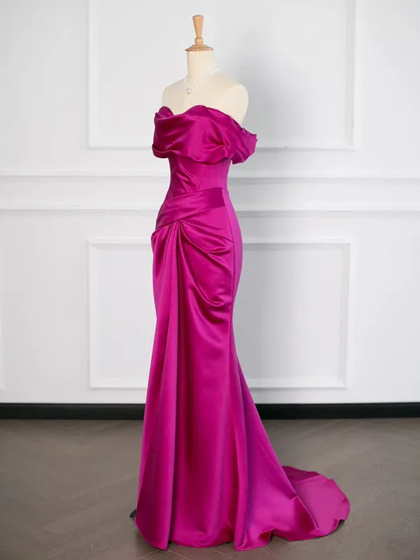 JazzHer Sexy Mermaid Off The Shoulder Hot Pink Satin Prom Dresses Party Evening Dress With Ruffles (PRE-ORDER)