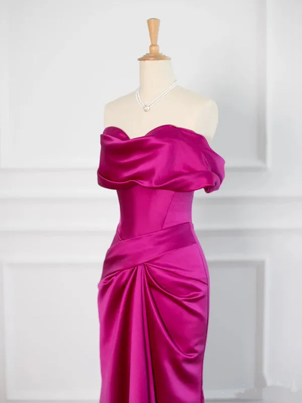 JazzHer Sexy Mermaid Off The Shoulder Hot Pink Satin Prom Dresses Party Evening Dress With Ruffles (PRE-ORDER)