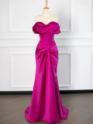 JazzHer Sexy Mermaid Off The Shoulder Hot Pink Satin Prom Dresses Party Evening Dress With Ruffles (PRE-ORDER)