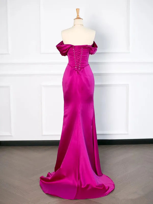 JazzHer Sexy Mermaid Off The Shoulder Hot Pink Satin Prom Dresses Party Evening Dress With Ruffles (PRE-ORDER)