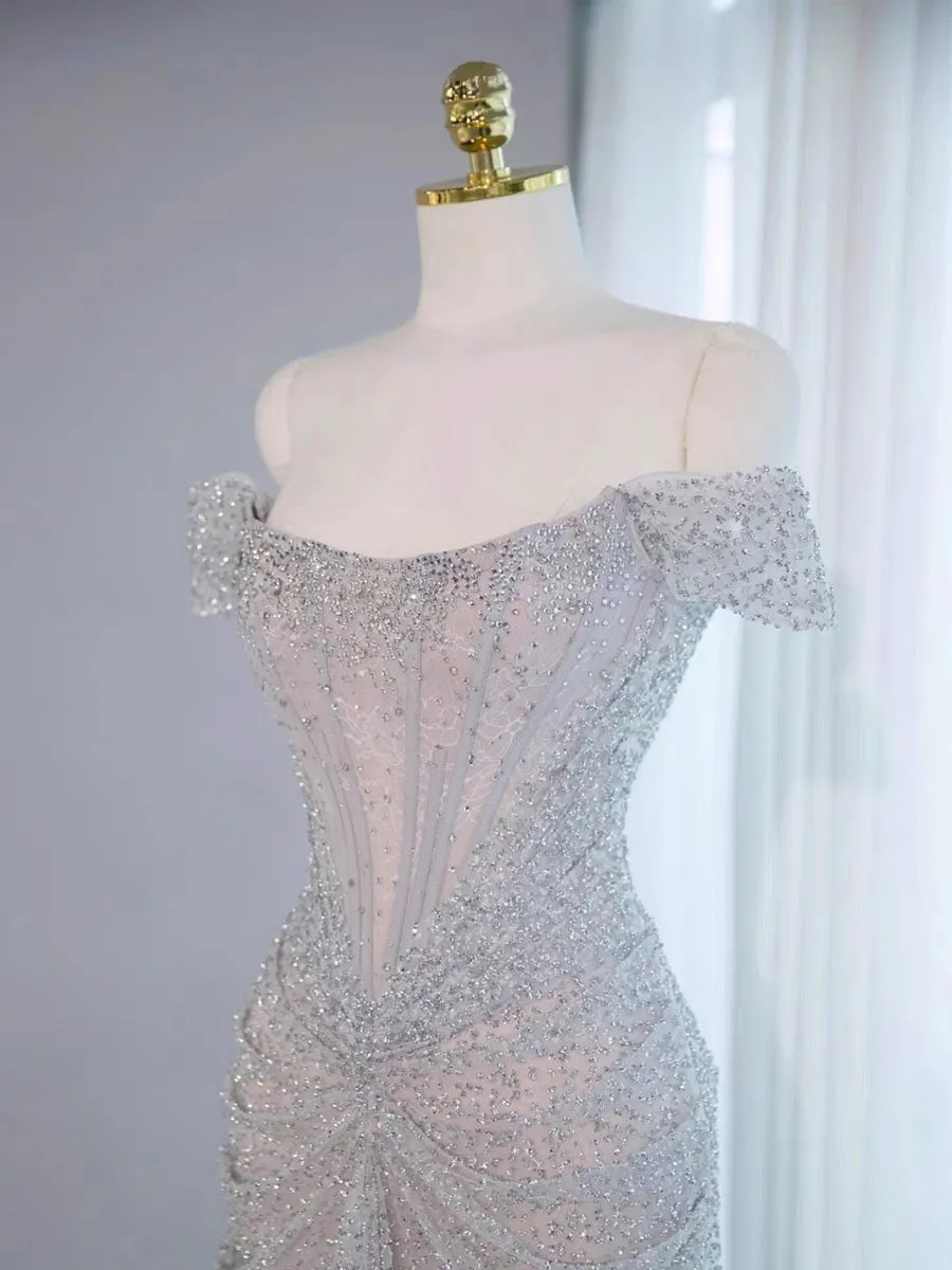 JazzHer Sexy Mermaid Off The Shoulder Sequin Evening Dress Long Prom Dresses Party Dress With Beads (PRE-ORDER)