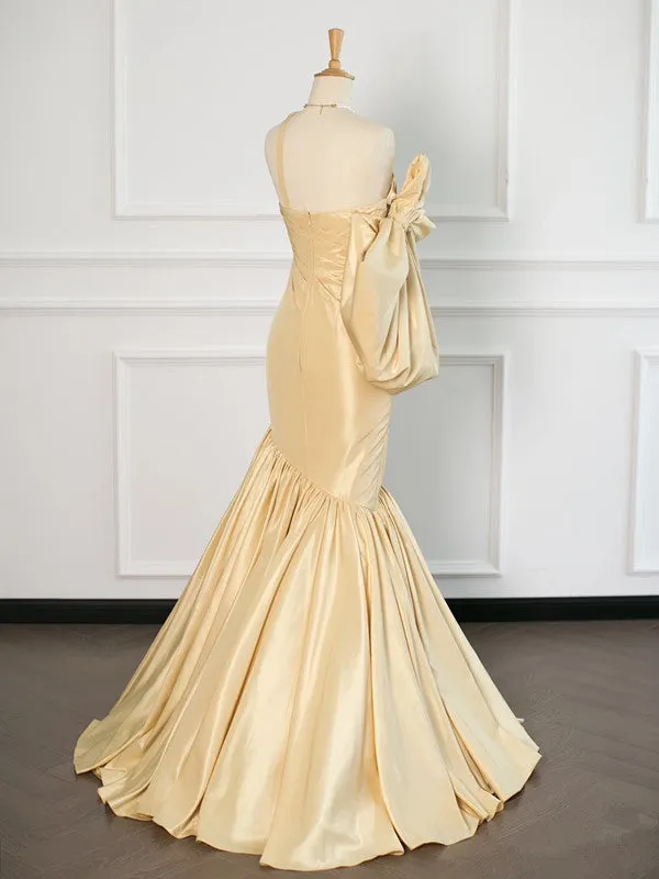 JazzHer Sexy Mermaid One Shoulder Yellow Satin Long Prom Dresses Party Evening Dress With Bow (PRE-ORDER)