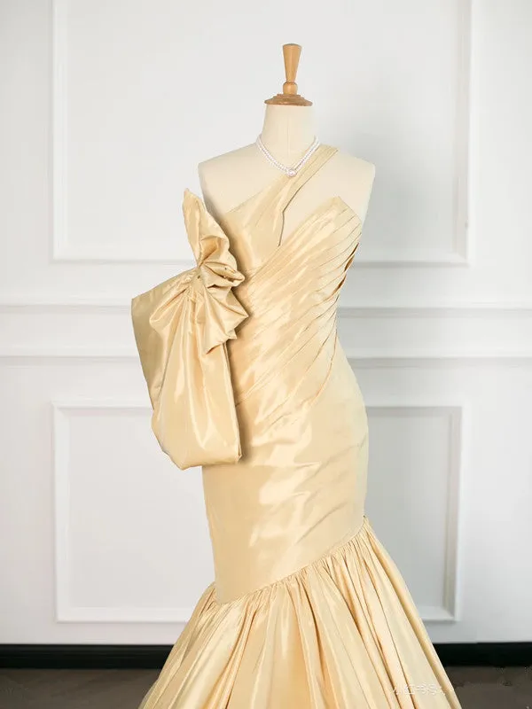JazzHer Sexy Mermaid One Shoulder Yellow Satin Long Prom Dresses Party Evening Dress With Bow (PRE-ORDER)