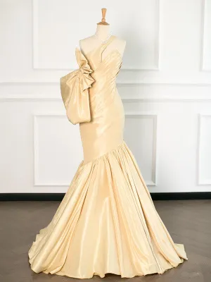 JazzHer Sexy Mermaid One Shoulder Yellow Satin Long Prom Dresses Party Evening Dress With Bow (PRE-ORDER)