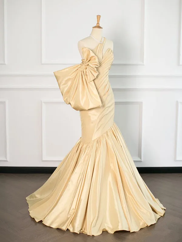 JazzHer Sexy Mermaid One Shoulder Yellow Satin Long Prom Dresses Party Evening Dress With Bow (PRE-ORDER)