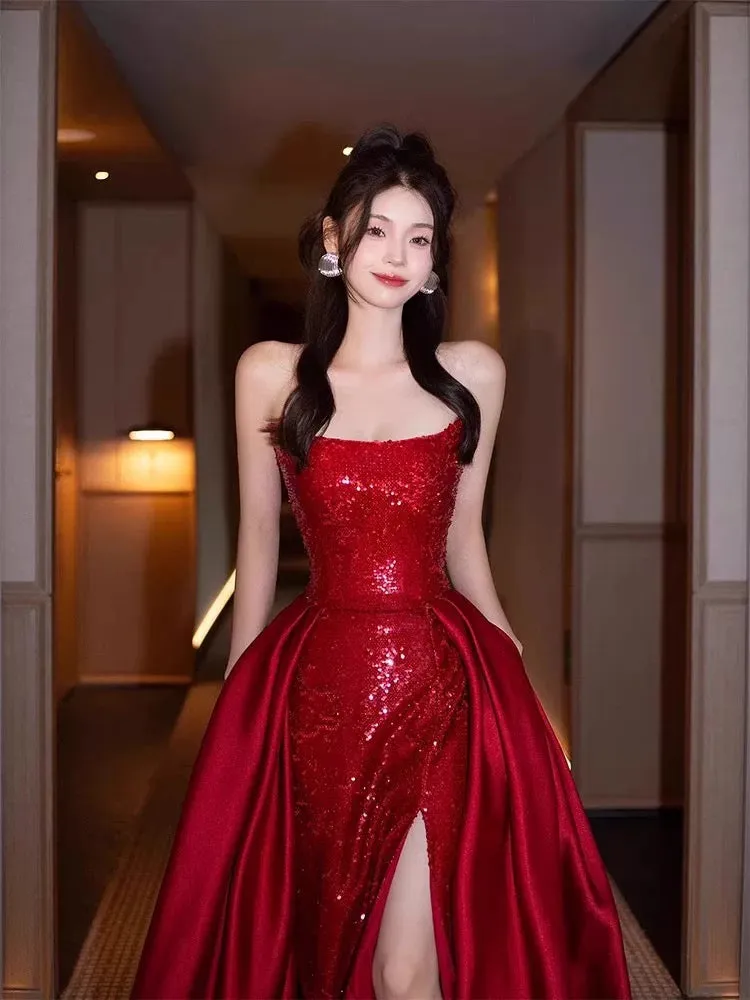 JazzHer Sexy Mermaid Red Sleeveless Long Sequin Slit Prom Dress Evening Dresses (PRE-ORDER)