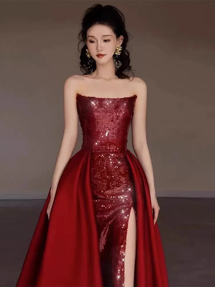 JazzHer Sexy Mermaid Red Sleeveless Long Sequin Slit Prom Dress Evening Dresses (PRE-ORDER)