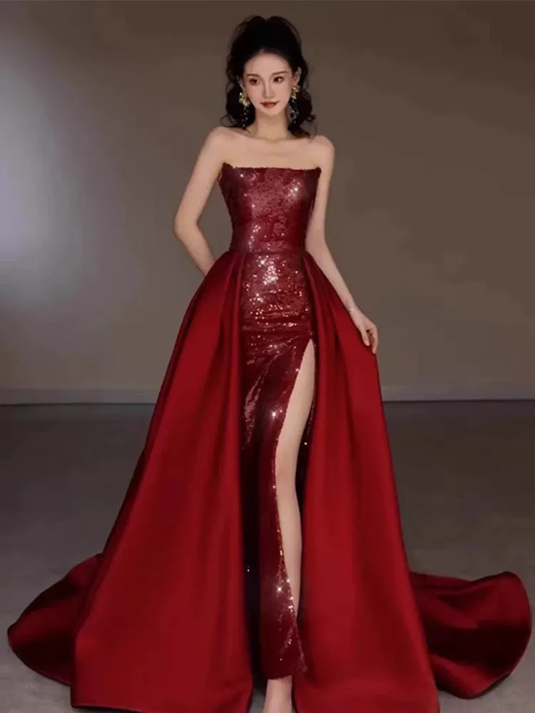 JazzHer Sexy Mermaid Red Sleeveless Long Sequin Slit Prom Dress Evening Dresses (PRE-ORDER)