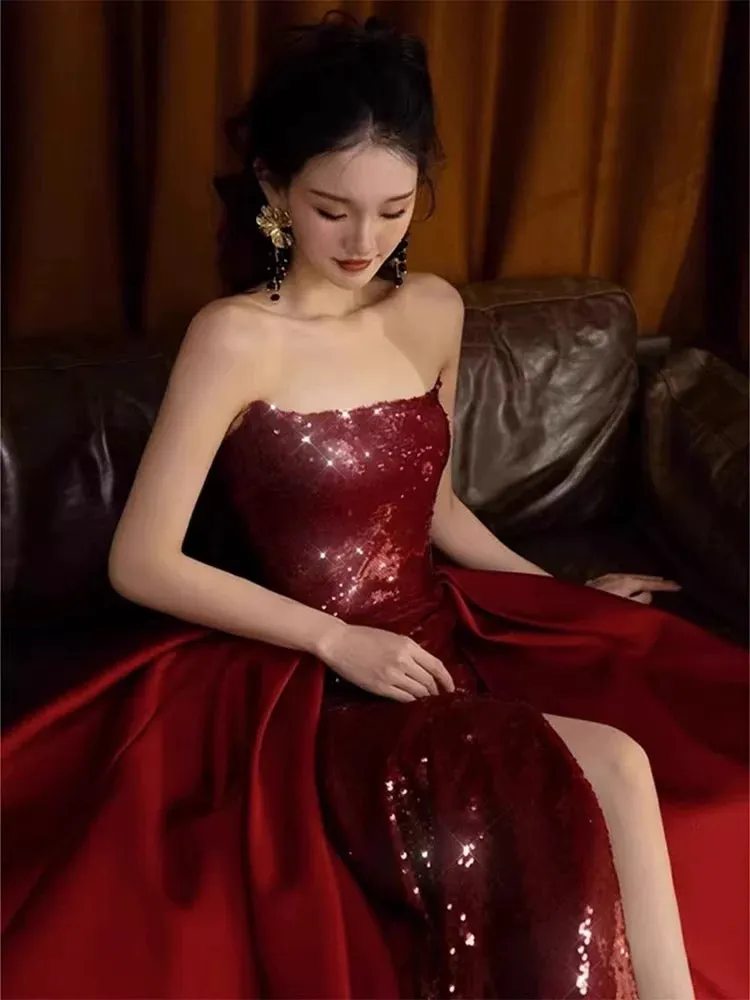 JazzHer Sexy Mermaid Red Sleeveless Long Sequin Slit Prom Dress Evening Dresses (PRE-ORDER)