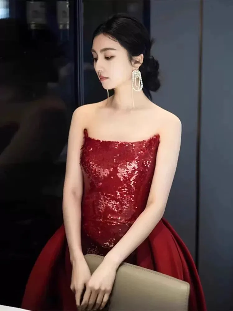 JazzHer Sexy Mermaid Red Sleeveless Long Sequin Slit Prom Dress Evening Dresses (PRE-ORDER)