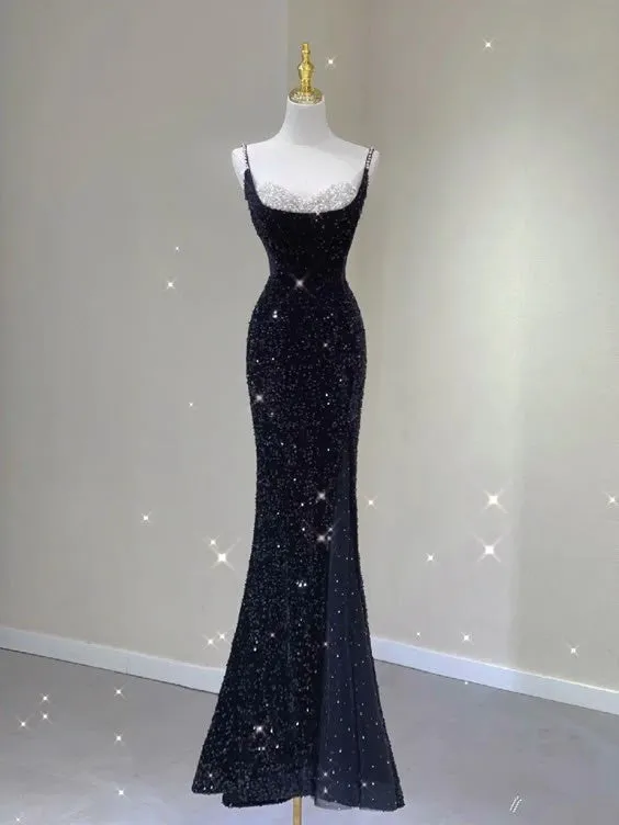 JazzHer Sexy Mermaid Spaghetti Straps Black Sequin Long Prom Dresses Evening Dress With Slit (PRE-ORDER)