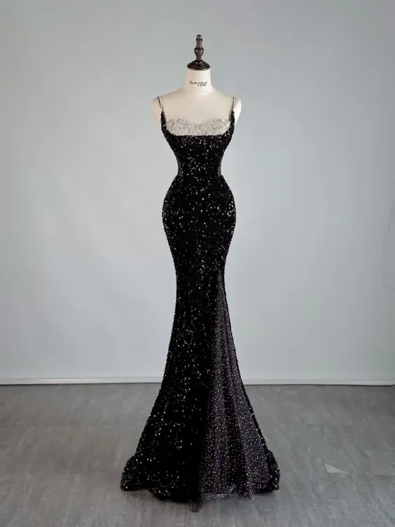 JazzHer Sexy Mermaid Spaghetti Straps Black Sequin Long Prom Dresses Evening Dress With Slit (PRE-ORDER)