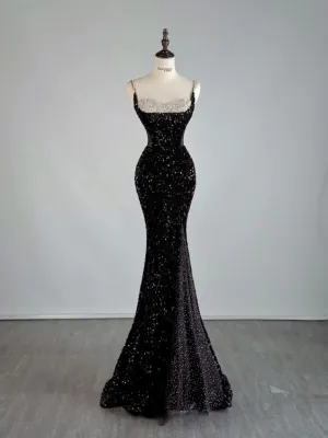 JazzHer Sexy Mermaid Spaghetti Straps Black Sequin Long Prom Dresses Evening Dress With Slit (PRE-ORDER)