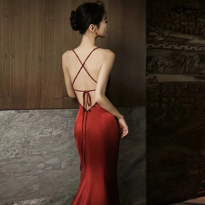 JazzHer Sexy Mermaid Spaghetti Straps Burgundy Satin Prom Dresses Evening Dress With Beads (PRE-ORDER)