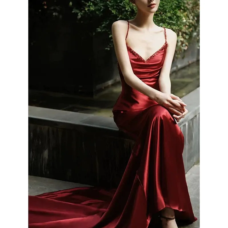JazzHer Sexy Mermaid Spaghetti Straps Burgundy Satin Prom Dresses Evening Dress With Beads (PRE-ORDER)