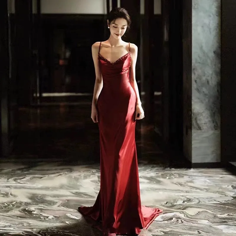 JazzHer Sexy Mermaid Spaghetti Straps Burgundy Satin Prom Dresses Evening Dress With Beads (PRE-ORDER)