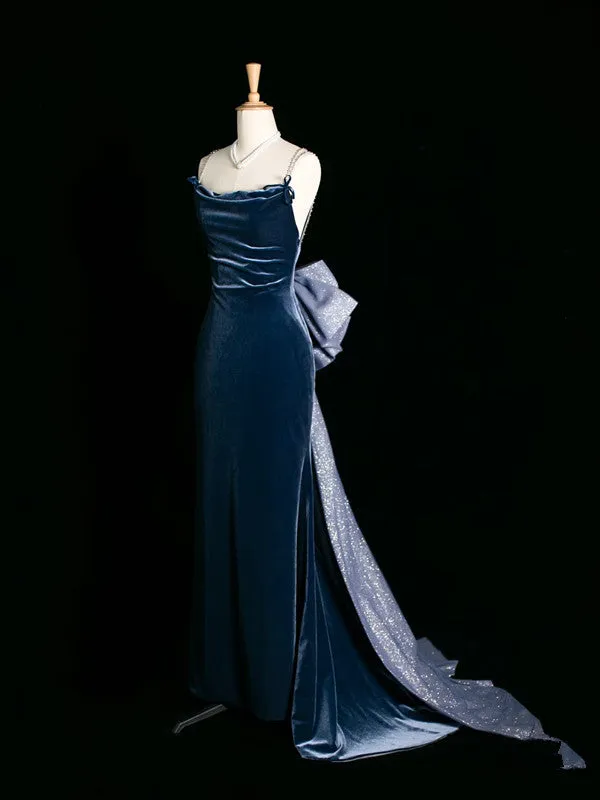 JazzHer Sexy Mermaid Spaghetti Straps Navy Blue Velvet Prom Dresses Party Evening Dress With Beads (PRE-ORDER)